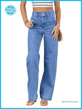 High Waisted Straight Leg Jeans Dual Button Tummy Control Womens Denim Pants